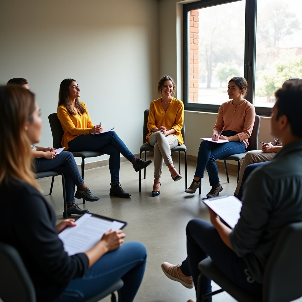 Workshop participants seated in a circle giving structured feedback after a negotiation exercise