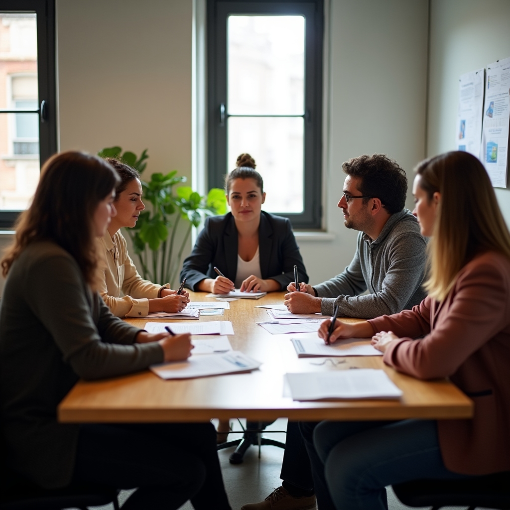In-house group training session for a small business team, seated around a table with workshop materials