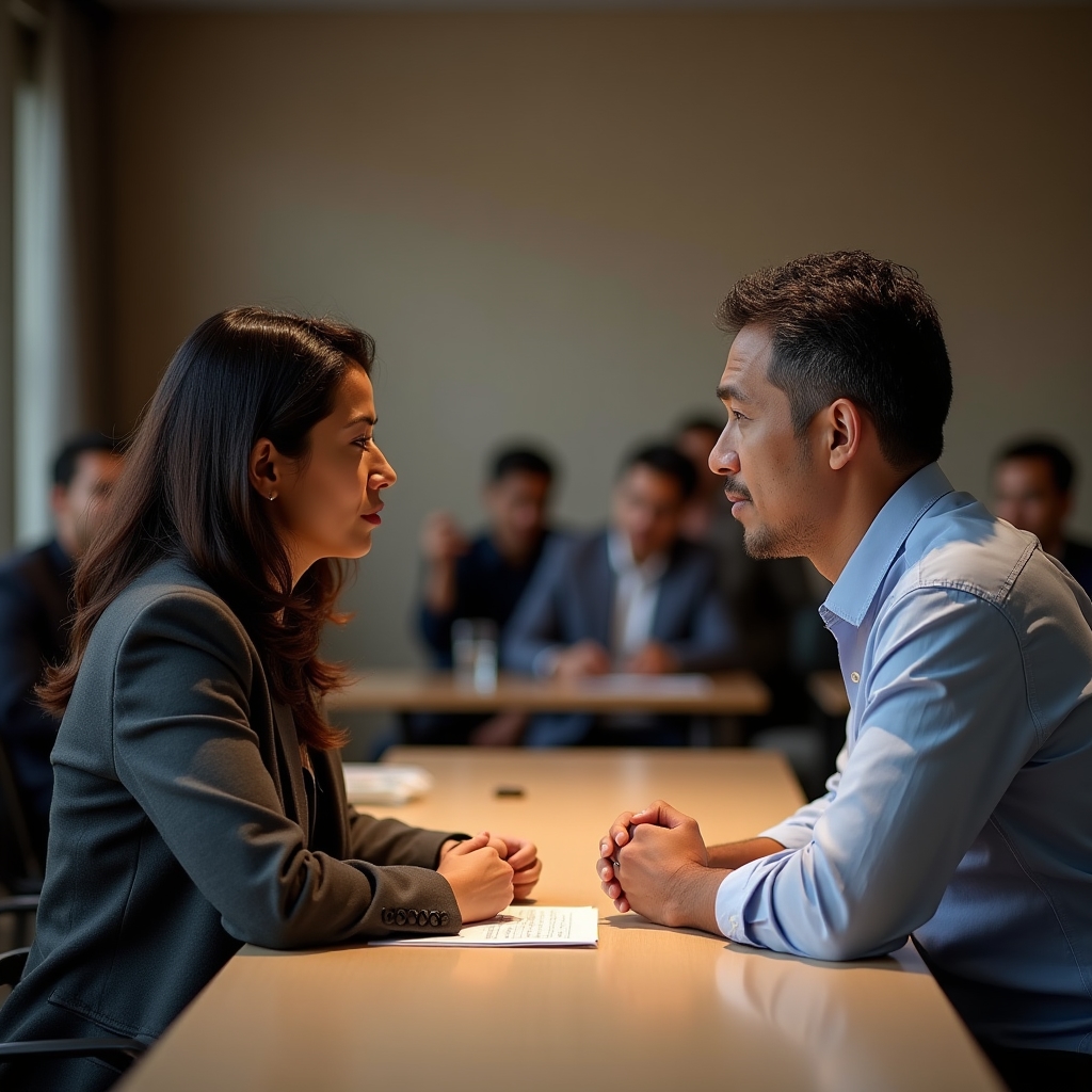 Two participants in a role-play negotiation exercise, one playing supplier and one playing buyer, attentive expressions