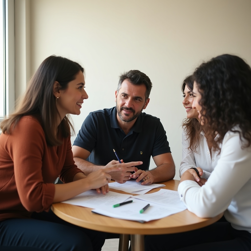 Small group of business owners discussing supplier terms in a workshop setting