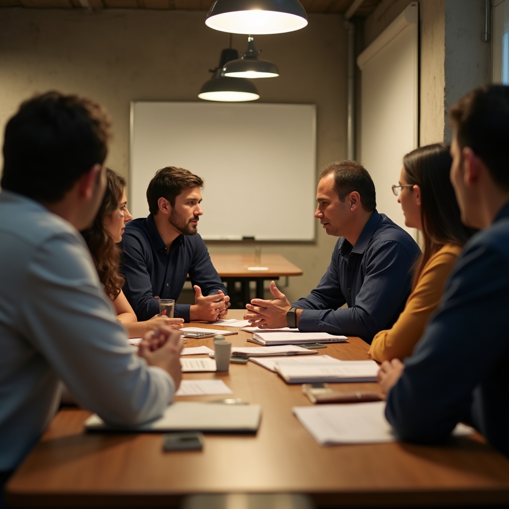 Participants practicing negotiation in a workshop setting around a table in Xalapa, Veracruz