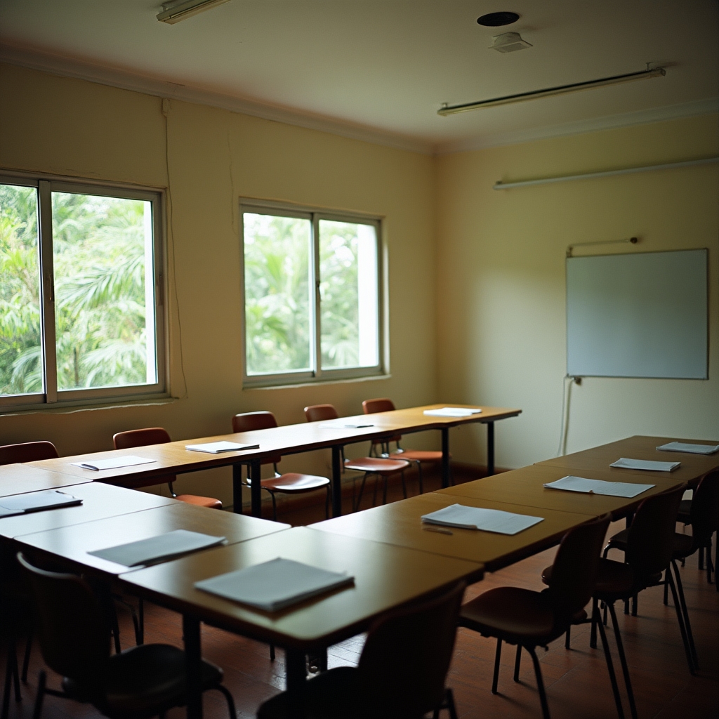Workshop training space in Xalapa, Veracruz with tables arranged for group discussion and natural light